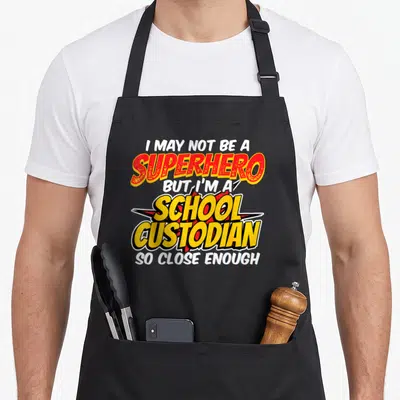 Custodian super hero aprons - I MAY NOT BE A SUPERHERO text in yellow red white black comic burst — shown on a black cotton canvas apron against a white background