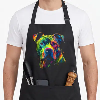 Pit artistic apron - Colorful watercolor dog portrait with blue green yellow red purple splatters — shown on a black cotton canvas apron against a white background