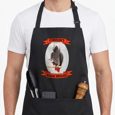Brigade african aprons - African Grey Parrot photo inside white oval with orange Einstein Birdie Brigade ribbons — shown on a black cotton canvas apron against a white background