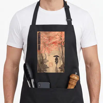 Eternal e.a apron - Person with black umbrella in rain under pink trees with vertical Japanese text and red stamps — shown on a black cotton canvas apron against a white background