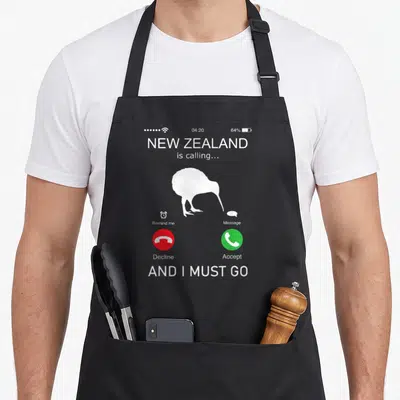 Calling new zealand apron - Smartphone call screen with kiwi bird silhouette, red decline button, and green accept — shown on a black cotton canvas apron against a white background