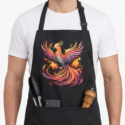 Phoenix fire bird apron - Cartoon phoenix with orange, yellow, pink, and blue feathers surrounded by flames — shown on a black cotton canvas apron against a white background