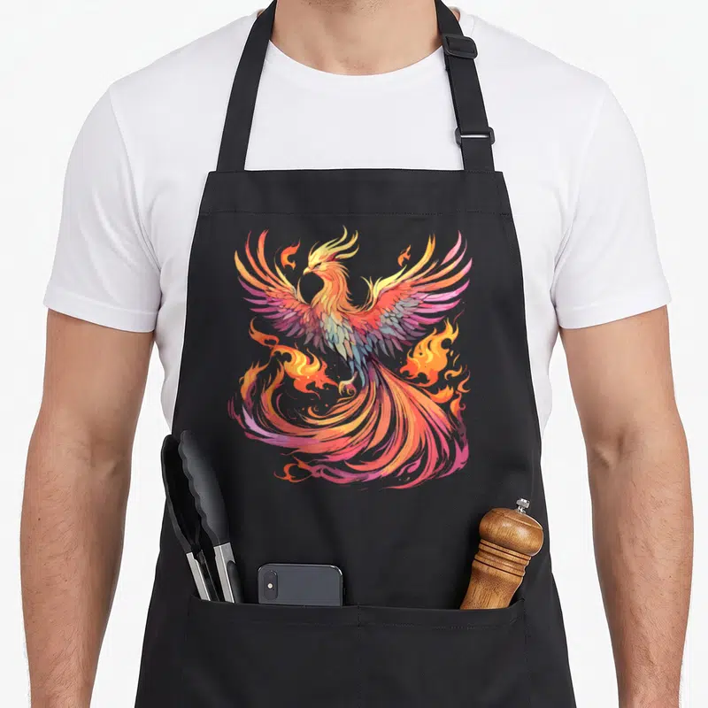 Phoenix fire bird apron - Cartoon phoenix with orange, yellow, pink, and blue feathers surrounded by flames — shown on a black cotton canvas apron against a white background