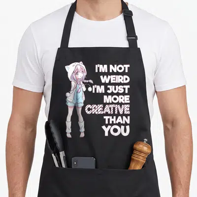 Weird creative apron - Anime girl in white hoodie beside stacked text reading I'M NOT WEIRD I'M JUST MORE CREATIVE THAN — shown on a black cotton canvas apron against a white background
