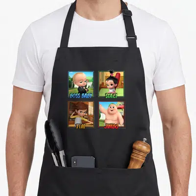 Funny squad boss apron - Four cartoon baby characters named Boss Baby, Staci, Tim, and Jimbo in colored square frames — shown on a black cotton canvas apron against a white background