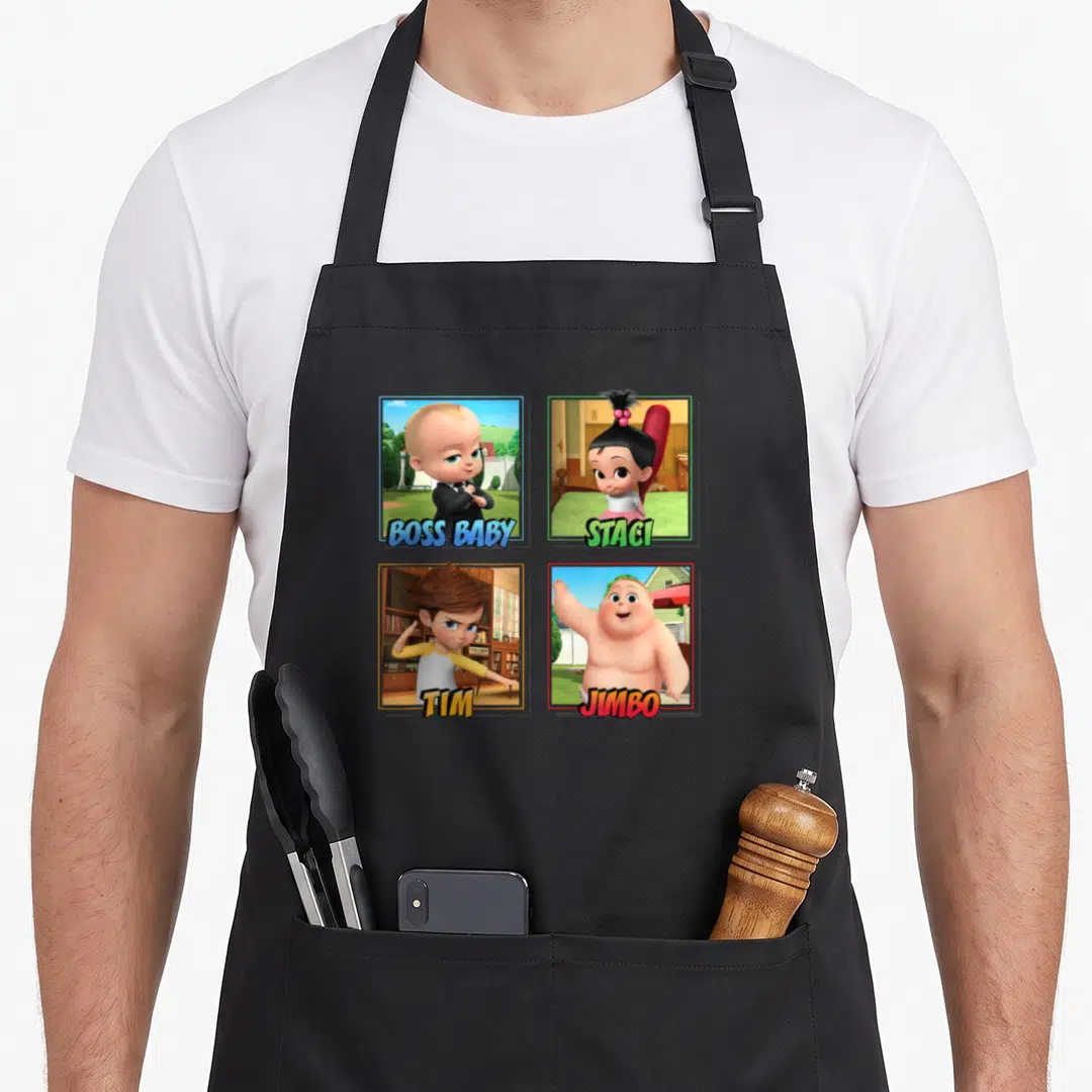 Funny squad boss apron - Four cartoon baby characters named Boss Baby, Staci, Tim, and Jimbo in colored square frames — shown on a black cotton canvas apron against a white background