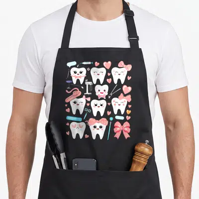 Bow dentist apron - Cartoon white teeth with pink bows and blue dental tools scattered on grey background — shown on a black cotton canvas apron against a white background
