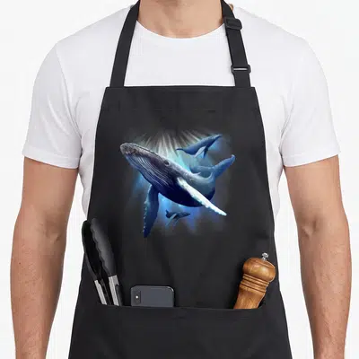 Whale animal apron - Realistic blue and white humpback whale with two smaller whales in glowing light — shown on a black cotton canvas apron against a white background
