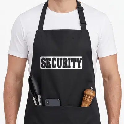 Security officer apron - White SECURITY text inside a rounded rectangular border on a dark background — shown on a black cotton canvas apron against a white background