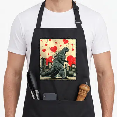 Japanese valentine's day apron - Green kaiju standing before grey city skyline with scattered red hearts inside — shown on a black cotton canvas apron against a white background
