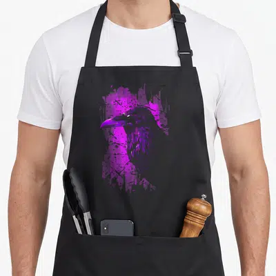 Dye crow apron - Purple line-art crow head profile over abstract paint splashes — shown on a black cotton canvas apron against a white background