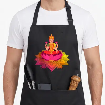 Deepalavi diwali apron - Cartoon Lakshmi holding lotuses sitting on pink flower over yellow mandala — shown on a black cotton canvas apron against a white background
