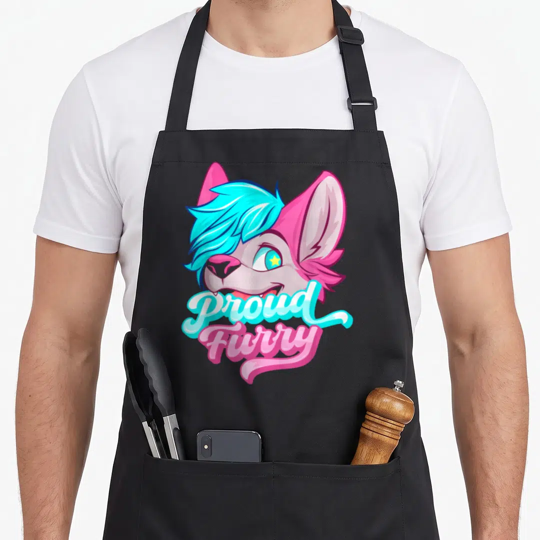 Proud furry potato apron - Cartoon grey character head with cyan hair and pink ears above stacked Proud Furry text — shown on a black cotton canvas apron against a white background