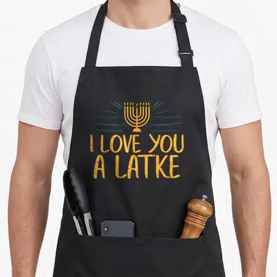 Latke hanukkah apron - Orange menorah with blue rays above stacked text reading I LOVE YOU A LATKE — shown on a black cotton canvas apron against a white background