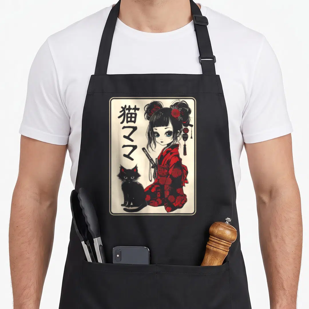 Gothic cat apron - Anime girl in red kimono with katana next to black cat and vertical Japanese text — shown on a black cotton canvas apron against a white background