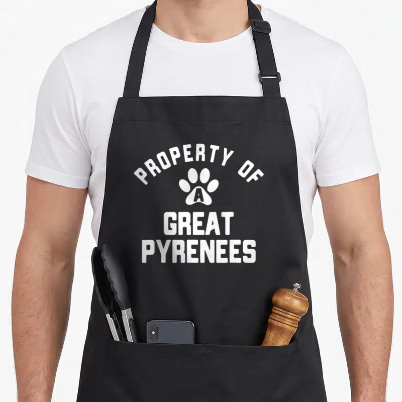Property pyrenee dog apron - White text Property of A Great Pyrenees over paw print with A inside — shown on a black cotton canvas apron against a white background