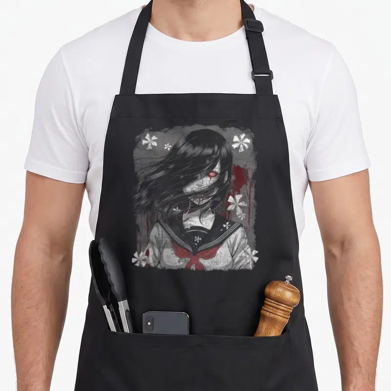 Fan gothic apron - Grey schoolgirl in uniform with white flowers and red blood splatters in line art — shown on a black cotton canvas apron against a white background