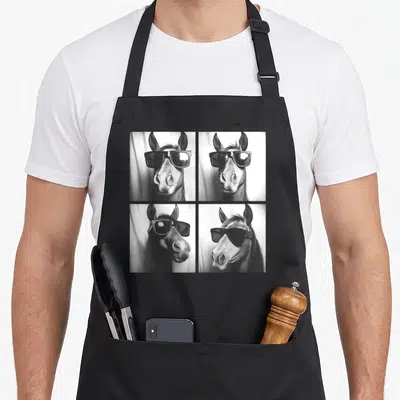 Sunglass farm apron - Four black and white photos of horse heads wearing sunglasses in a grid — shown on a black cotton canvas apron against a white background