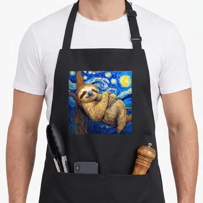 Sloth van gogh apron - Sloth perched on brown branch in swirling blue yellow starry night watercolor art — shown on a black cotton canvas apron against a white background