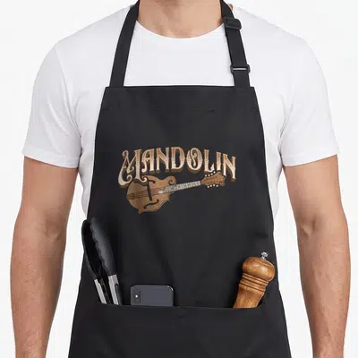Bluegrass mandolin apron - Retro tan and brown mandolin illustration with arched MANDOLIN text — shown on a black cotton canvas apron against a white background