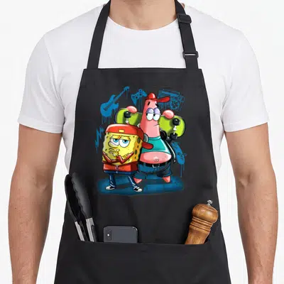 Cute punk rock apron - SpongeBob and Patrick in red caps holding skateboard with blue graffiti guitar and boombox — shown on a black cotton canvas apron against a white background