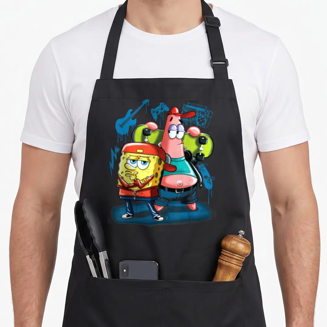 Cute punk rock apron - SpongeBob and Patrick in red caps holding skateboard with blue graffiti guitar and boombox — shown on a black cotton canvas apron against a white background