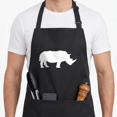 Rhino crew wear apron - White rhinoceros silhouette centered on black background — shown on a black cotton canvas apron against a white background