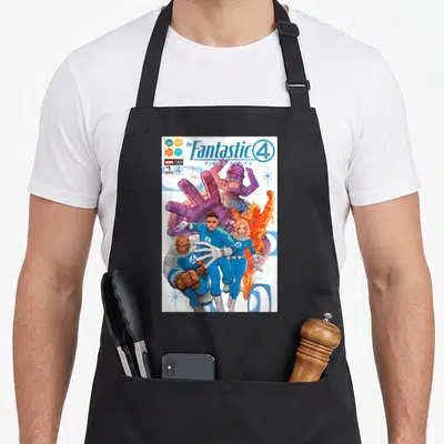 Comic first steps apron - Fantastic Four 2025 comic cover with Galactus and four heroes in blue purple orange white — shown on a black cotton canvas apron against a white background