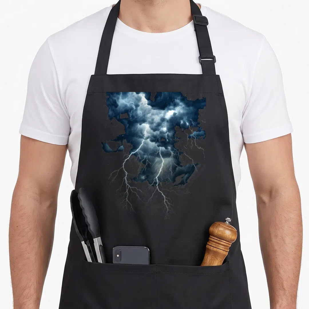 Storm thunder apron - Realistic white lightning bolts striking down from dark blue storm clouds against a grey — shown on a black cotton canvas apron against a white background
