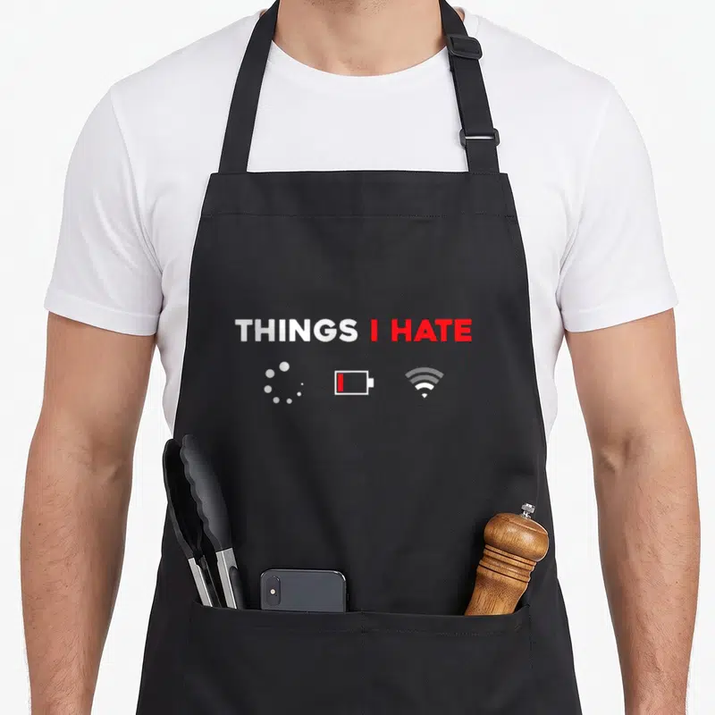 Hate programmer apron - THINGS I HATE text with loading, low battery, and no wifi icons in white and red — shown on a black cotton canvas apron against a white background