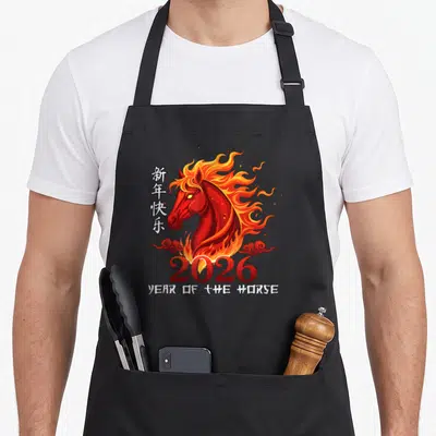 Lunar chinese horse apron - Cartoon red horse head with flames, clouds, and 2026 text — shown on a black cotton canvas apron against a white background