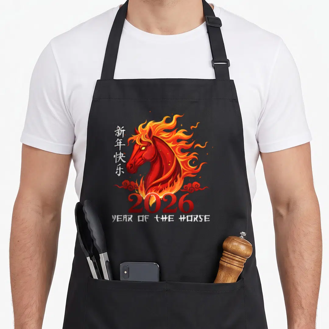 Lunar chinese horse apron - Cartoon red horse head with flames, clouds, and 2026 text — shown on a black cotton canvas apron against a white background