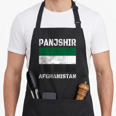 Panjshir flag afghan apron - Distressed green white black flag with PANJSHIR AFGHANISTAN text — shown on a black cotton canvas apron against a white background