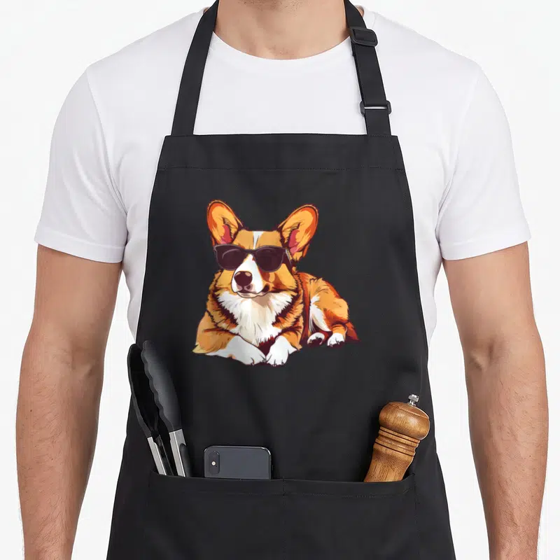 Sunglass corgi aprons - Cartoon corgi wearing sunglasses in orange white and black — shown on a black cotton canvas apron against a white background