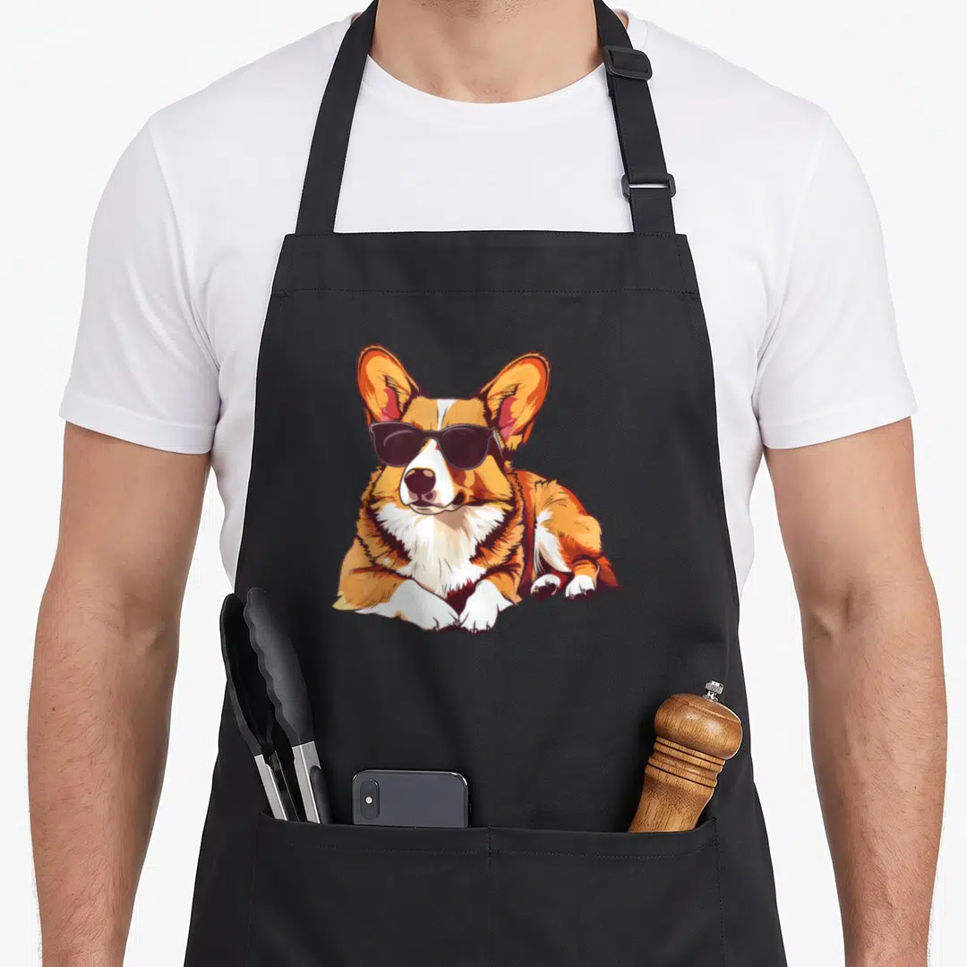 Sunglass corgi aprons - Cartoon corgi wearing sunglasses in orange white and black — shown on a black cotton canvas apron against a white background