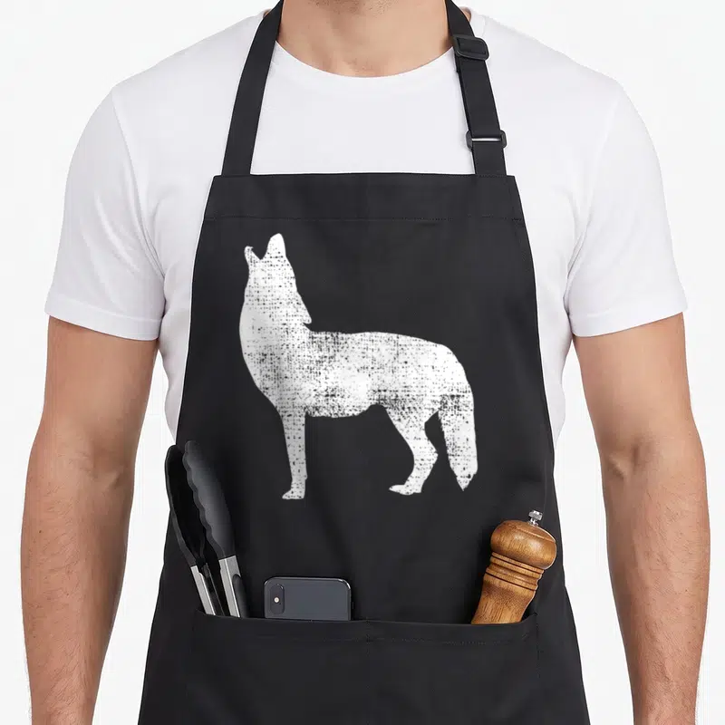 Coyote canada aprons - Distressed white wolf silhouette standing with head tilted upward against a grey background — shown on a black cotton canvas apron against a white background