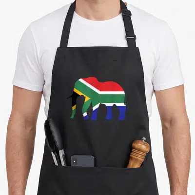 Elephant south african apron - Elephant silhouette filled with South African flag colors red green blue yellow white — shown on a black cotton canvas apron against a white background