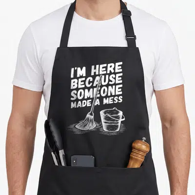 School custodian janitor apron - White distressed text reading I'M HERE BECAUSE SOMEONE MADE A MESS above a broom — shown on a black cotton canvas apron against a white background