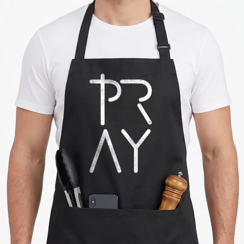 Christ funny christian aprons - White stacked PRAY text with cross-shaped P on dark background — shown on a black cotton canvas apron against a white background