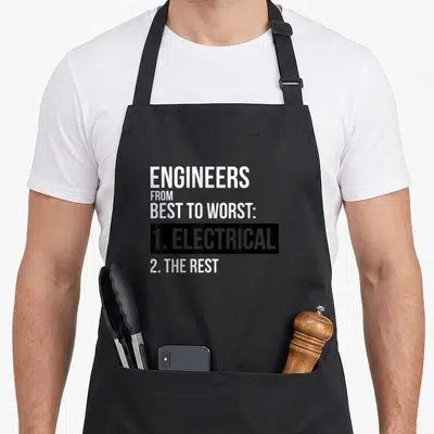 Worst engineer apron - White text reading Engineers From Best To Worst 1 Electrical 2 The Rest inside black box — shown on a black cotton canvas apron against a white background