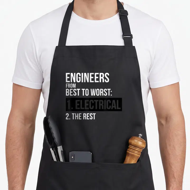 Worst engineer apron - White text reading Engineers From Best To Worst 1 Electrical 2 The Rest inside black box — shown on a black cotton canvas apron against a white background