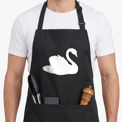 Funny swan bird apron - White swan silhouette centered on grey background — shown on a black cotton canvas apron against a white background