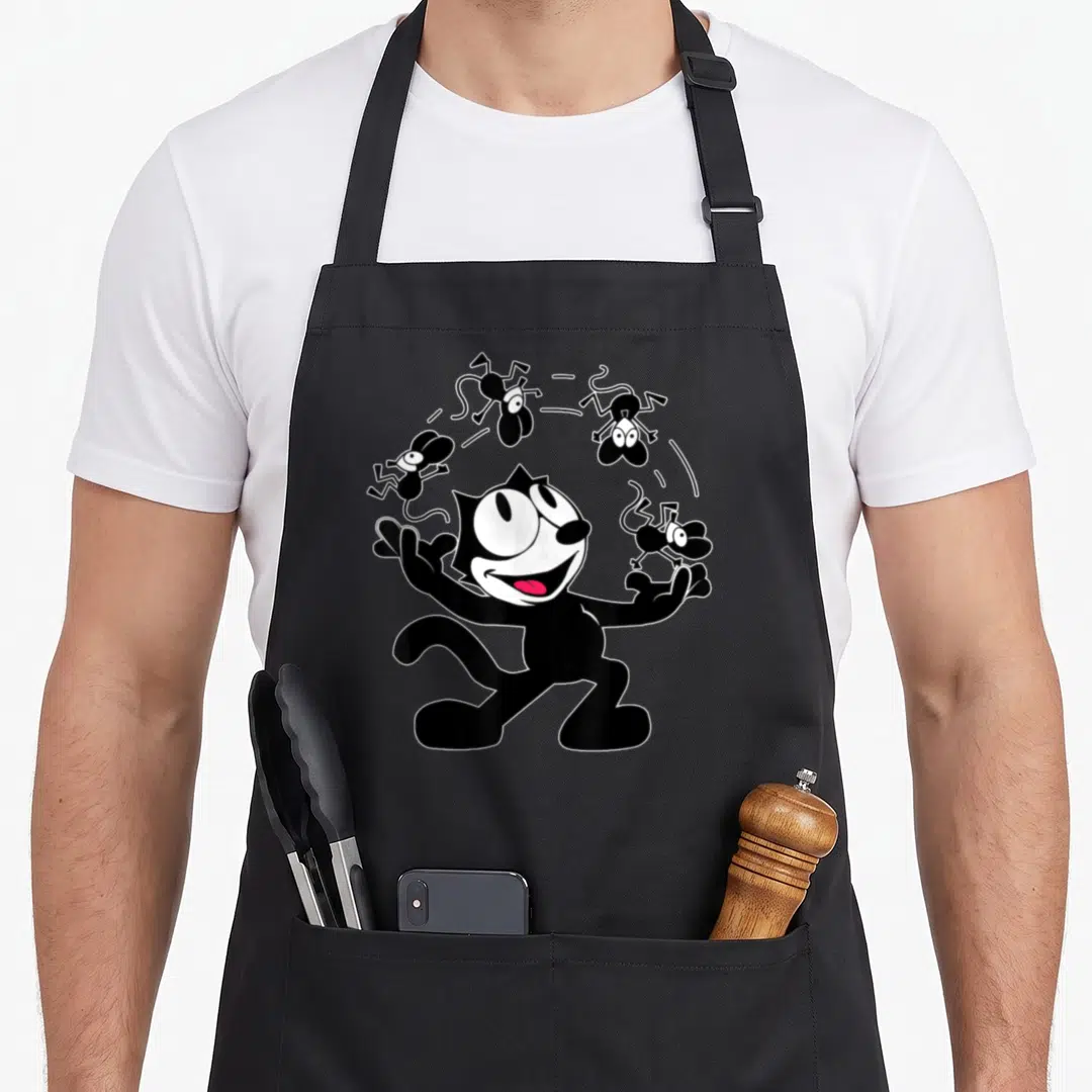 Juggling cartoon apron - Black cat with red tongue surrounded by four leaping mice in vintage cartoon style — shown on a black cotton canvas apron against a white background