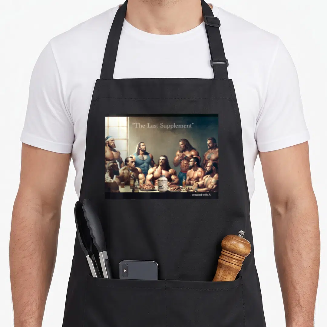 Supplement bodybuilding apron - Bodybuilders seated at table with supplement bottle under The Last Supplement text — shown on a black cotton canvas apron against a white background