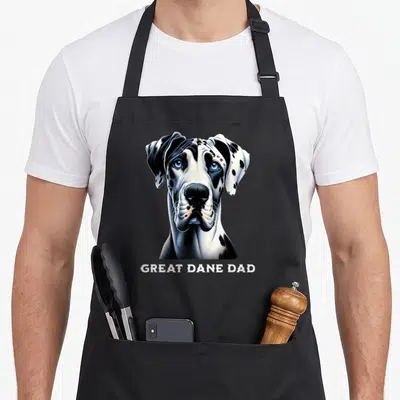 Vintage adorable aprons - Realistic Great Dane portrait with blue eyes and text GREAT DANE DAD — shown on a black cotton canvas apron against a white background