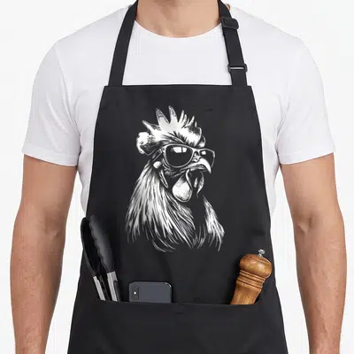 Chicken sunglass rooster apron - White line-art rooster head wearing sunglasses on grey background — shown on a black cotton canvas apron against a white background