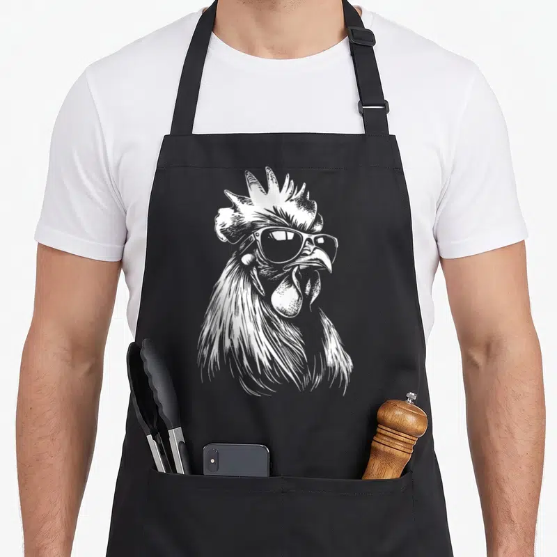 Chicken sunglass rooster apron - White line-art rooster head wearing sunglasses on grey background — shown on a black cotton canvas apron against a white background