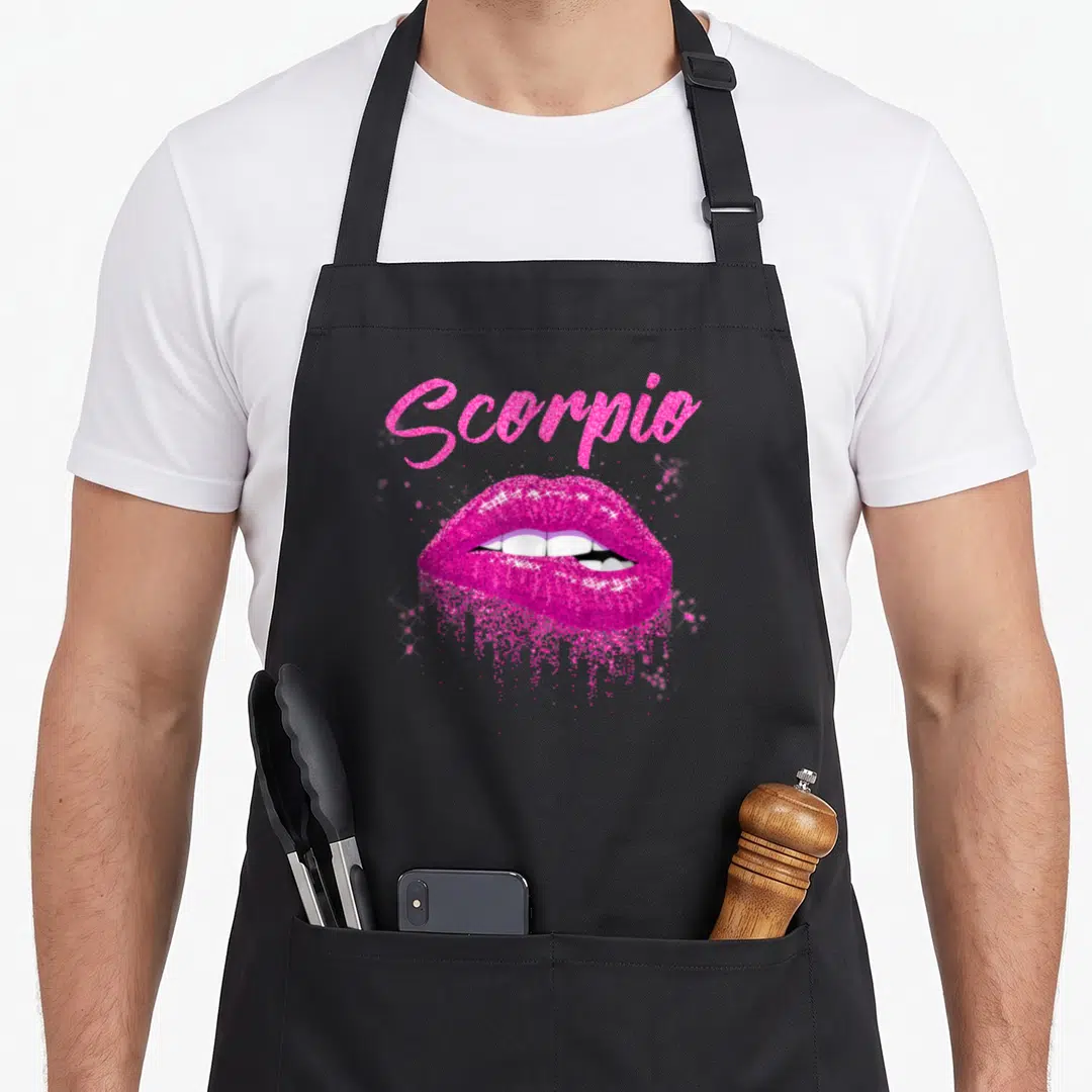 Lip birthday apron - Pink glitter text Scorpio above open lips showing white teeth — shown on a black cotton canvas apron against a white background