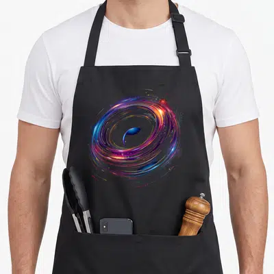 Surrealist hole apron - Swirling purple blue pink yellow cosmic vortex around a blue planet — shown on a black cotton canvas apron against a white background