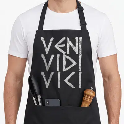 Gaius caesar apron - Stacked white distressed text reading VENI VIDI VICI on a grey background — shown on a black cotton canvas apron against a white background
